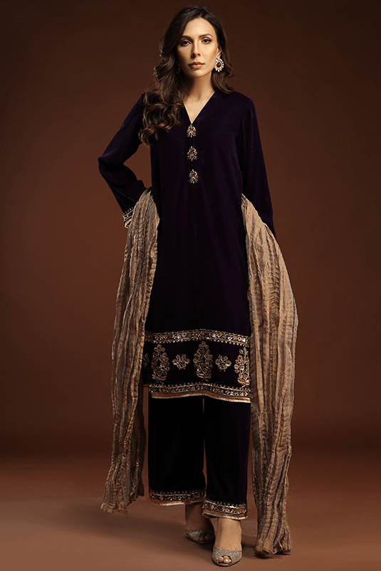 Purple Hand-Embellished Velvet Salwar Kameez (3-Piece) - Image 2