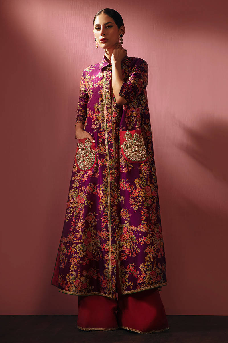 Plum Printed Long Jacket Palazzo 3-Piece - Image 1