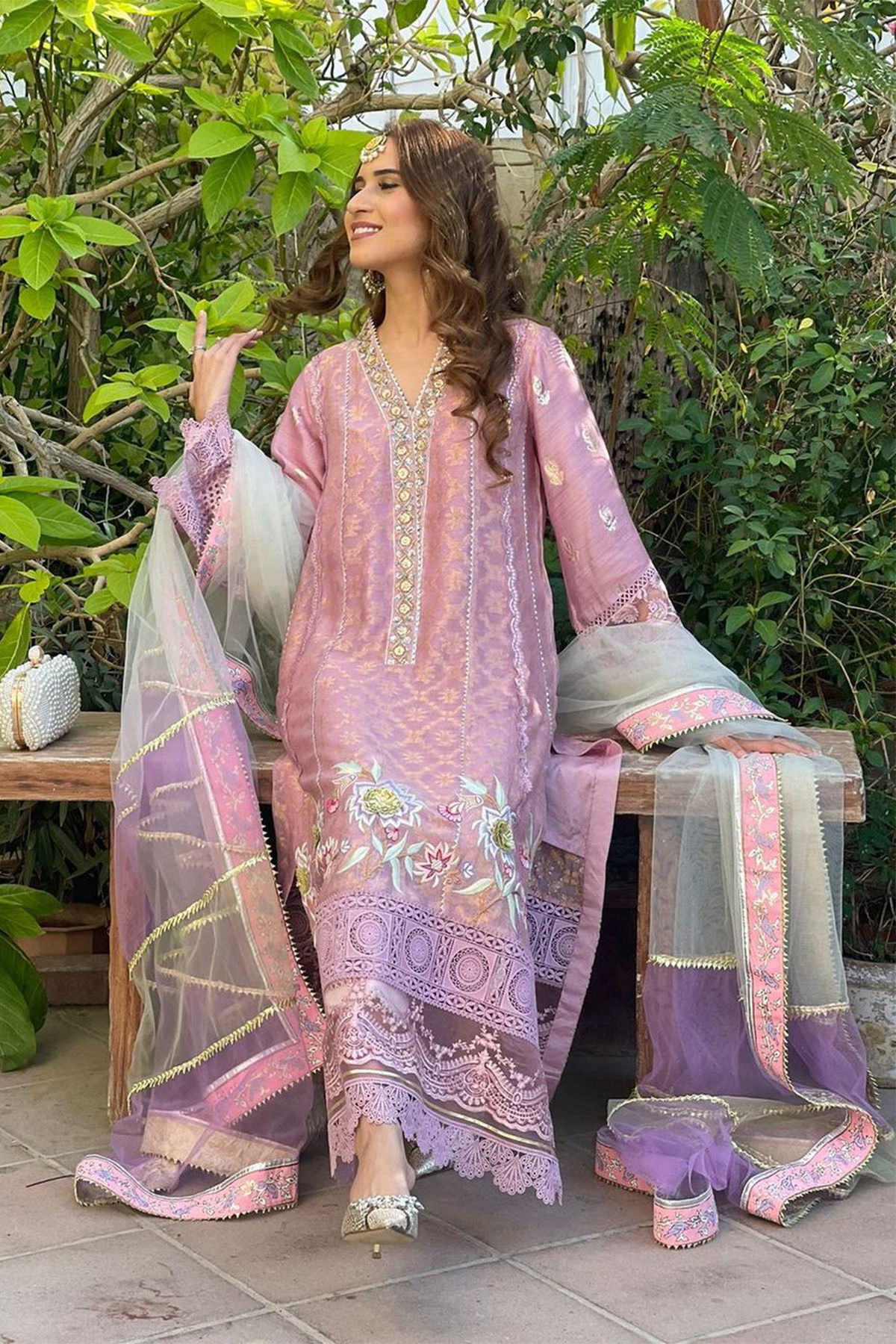 Lilac Zari Net Salwar Kameez (3-Piece) - Image 12