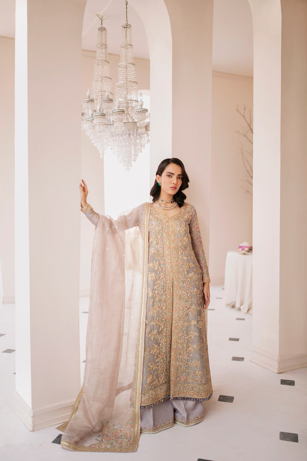 Pakistani Lilac Embroidered Zari Net Salwar Kameez (3-Piece) - Image 1