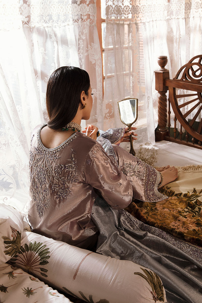 Purple Silver Embroidered Zarri Silk Salwar Kameez (3-Piece) - Image 12