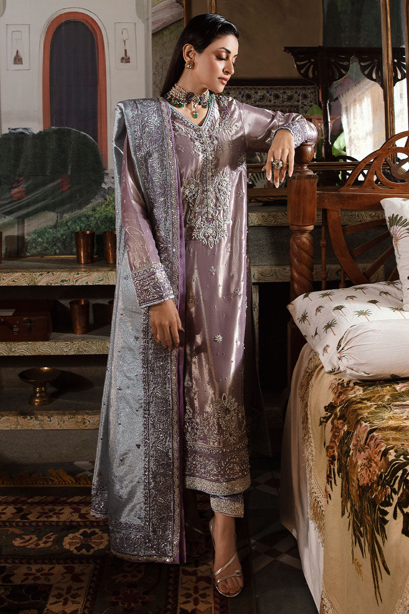 Purple Silver Embroidered Zarri Silk Salwar Kameez (3-Piece) - Image 13