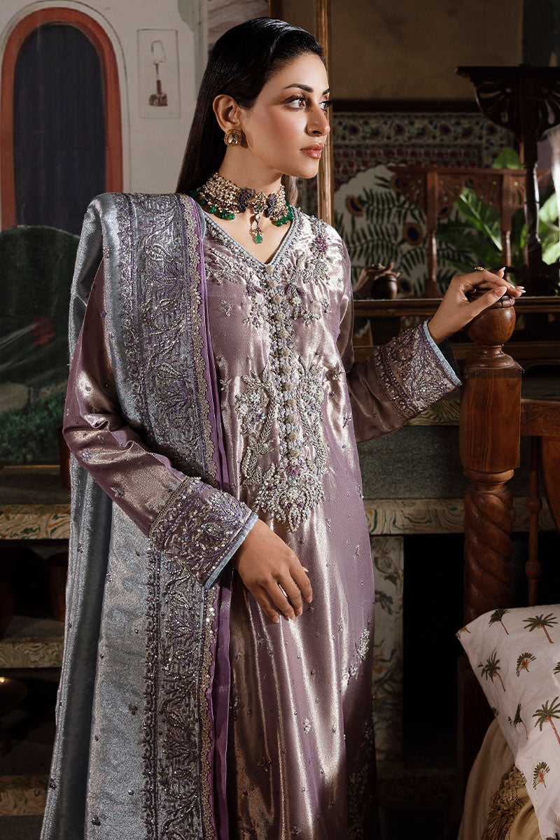 Purple Silver Embroidered Zarri Silk Salwar Kameez (3-Piece) - Image 2