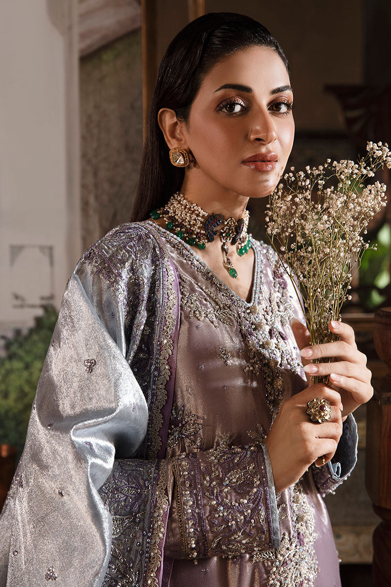 Purple Silver Embroidered Zarri Silk Salwar Kameez (3-Piece) - Image 4