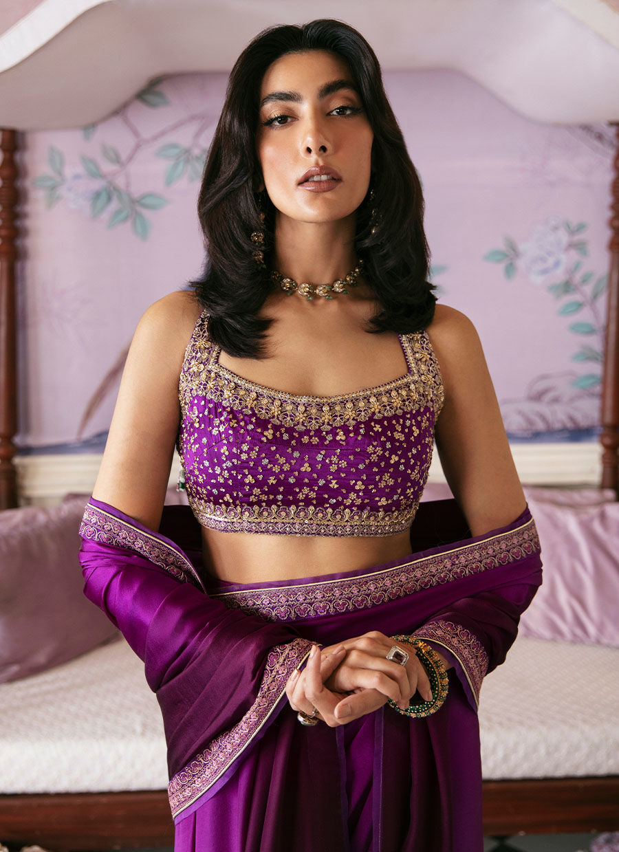 Aubergine Embroidered Charmeuse Silk Saree (2-Piece) - Image 1