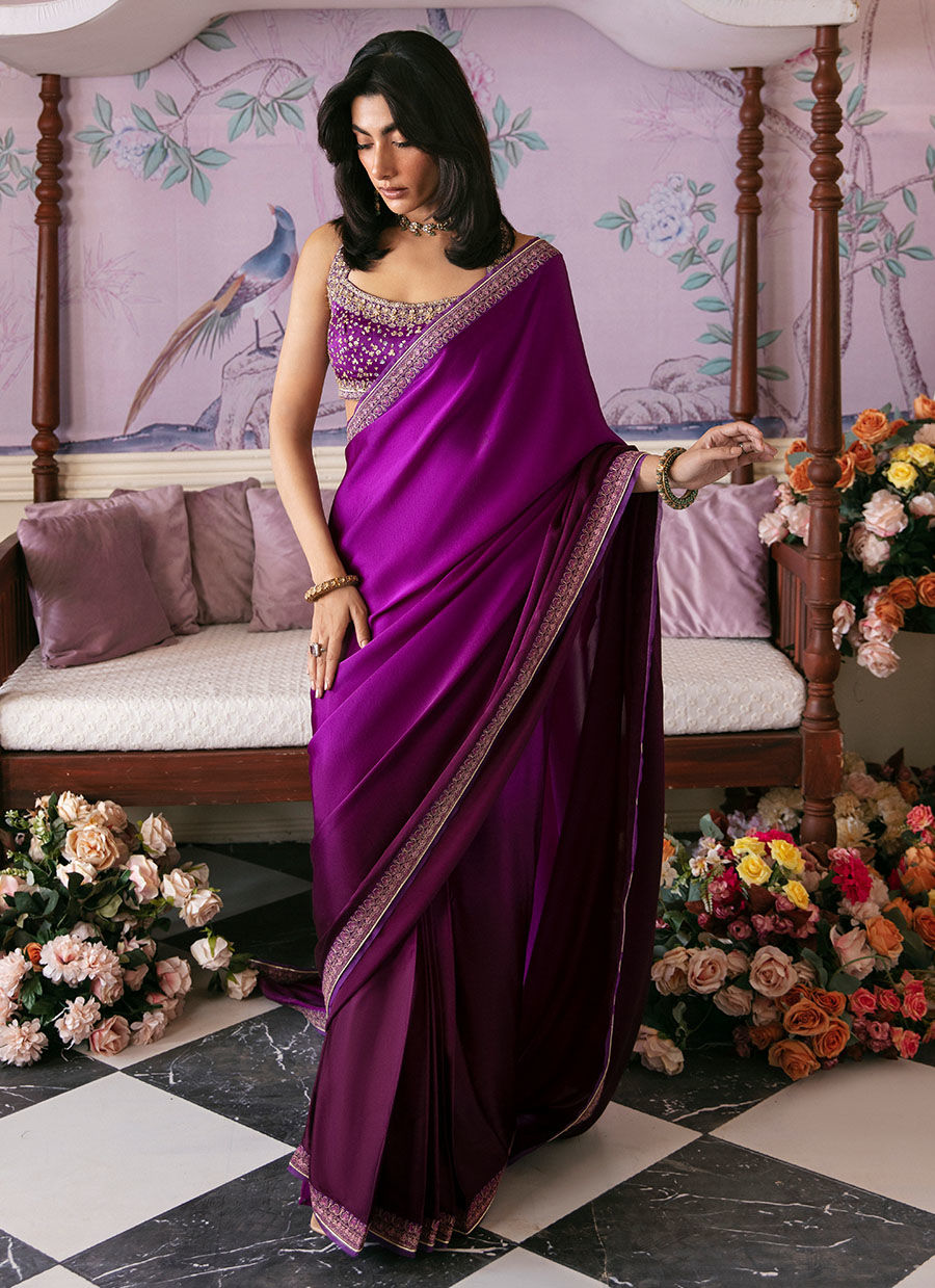 Aubergine Embroidered Charmeuse Silk Saree (2-Piece) - Image 2