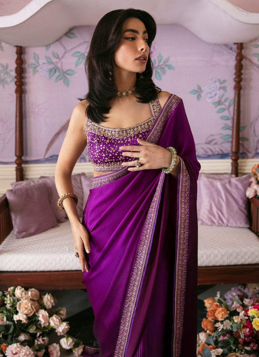 Aubergine Embroidered Charmeuse Silk Saree (2-Piece) - Image 3