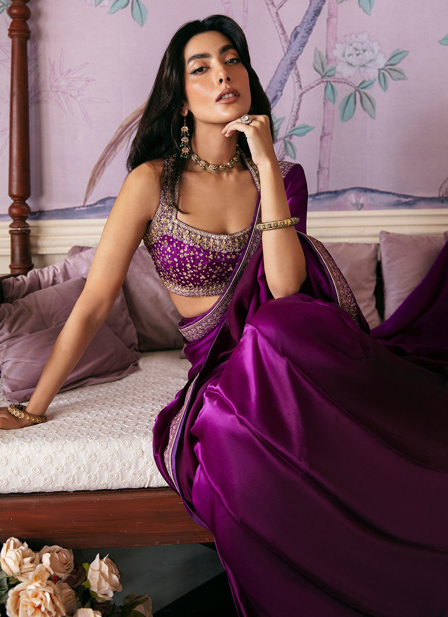 Aubergine Embroidered Charmeuse Silk Saree (2-Piece) - Image 5