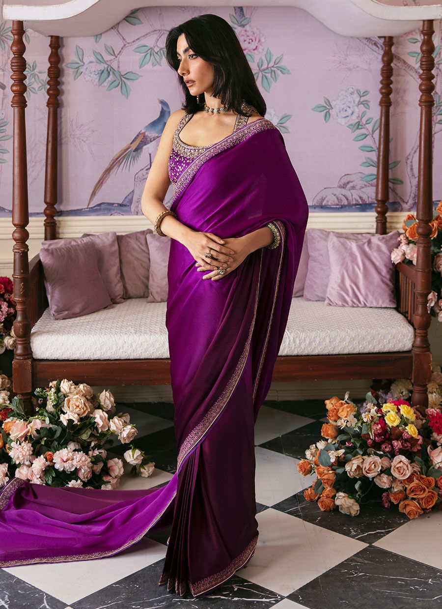 Aubergine Embroidered Charmeuse Silk Saree (2-Piece) - Image 6