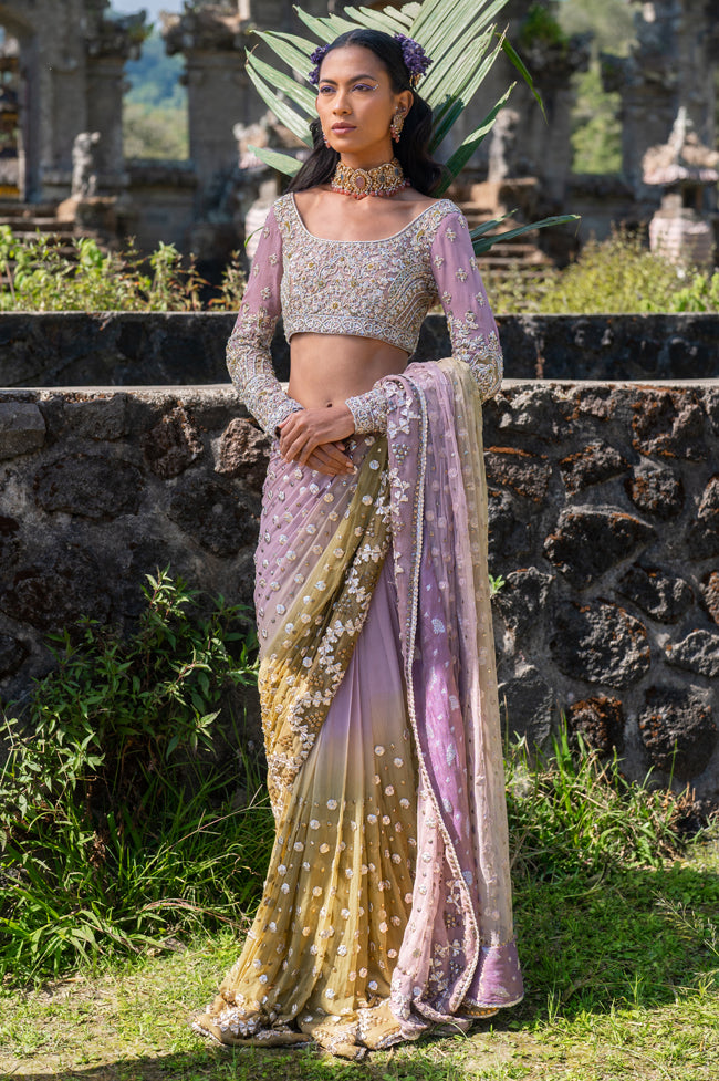 Lilac Embellished Chiffon Saree with Crystal Naqshi Blouse (2-Piece) - Image 1
