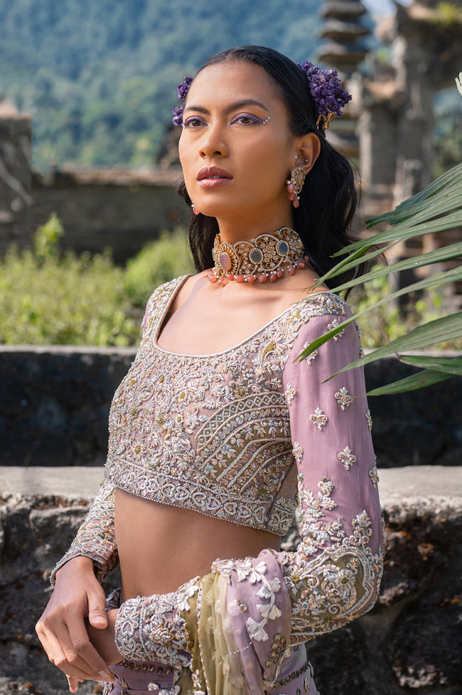 Lilac Embellished Chiffon Saree with Crystal Naqshi Blouse (2-Piece) - Image 5