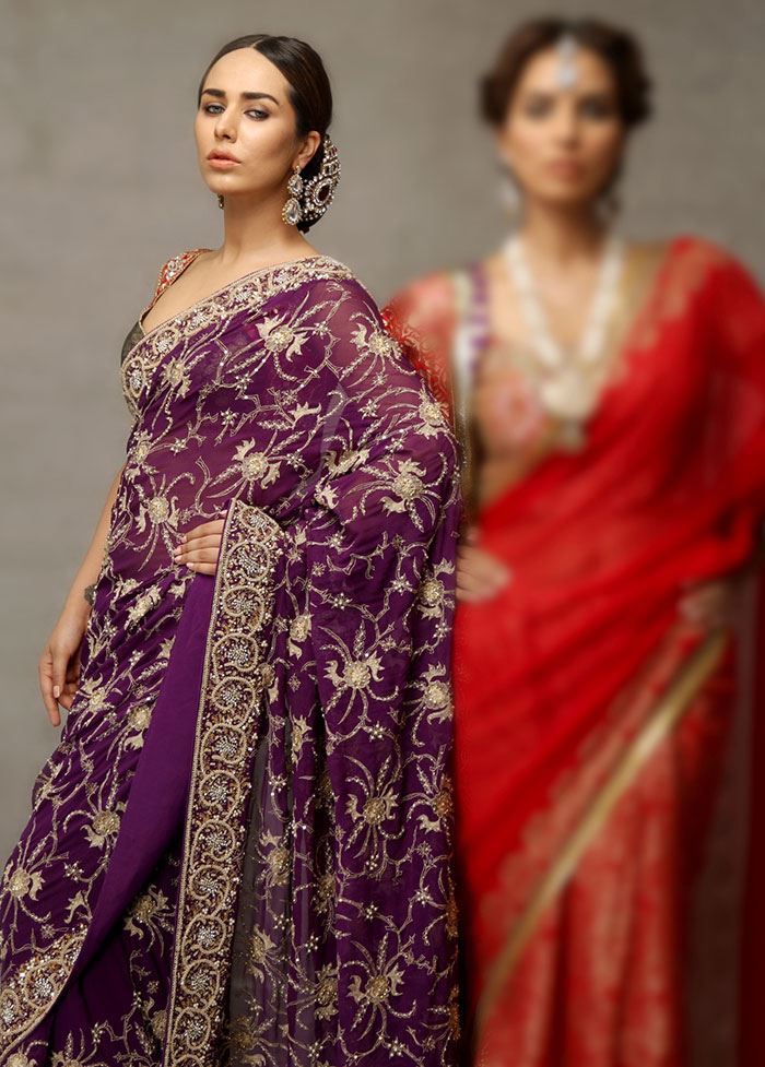 Pakistani Purple Resham Pearl Crystal Chiffon Saree (2-Piece) - Image 1