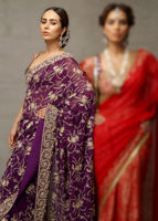 Pakistani Purple Resham Pearl Crystal Chiffon Saree (2-Piece) - Image 2