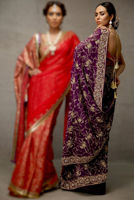 Pakistani Purple Resham Pearl Crystal Chiffon Saree (2-Piece) - Image 3
