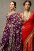 Pakistani Purple Resham Pearl Crystal Chiffon Saree (2-Piece) - Image 4