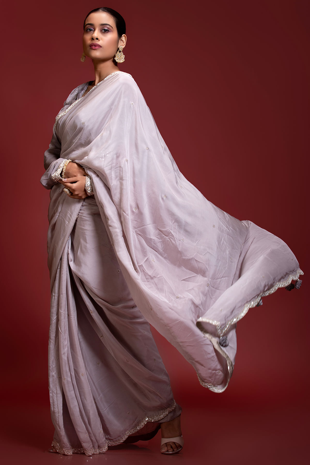 Indian Orchid Purple Pearl & Sequins Crepe Saree (2-Piece) - Image 1