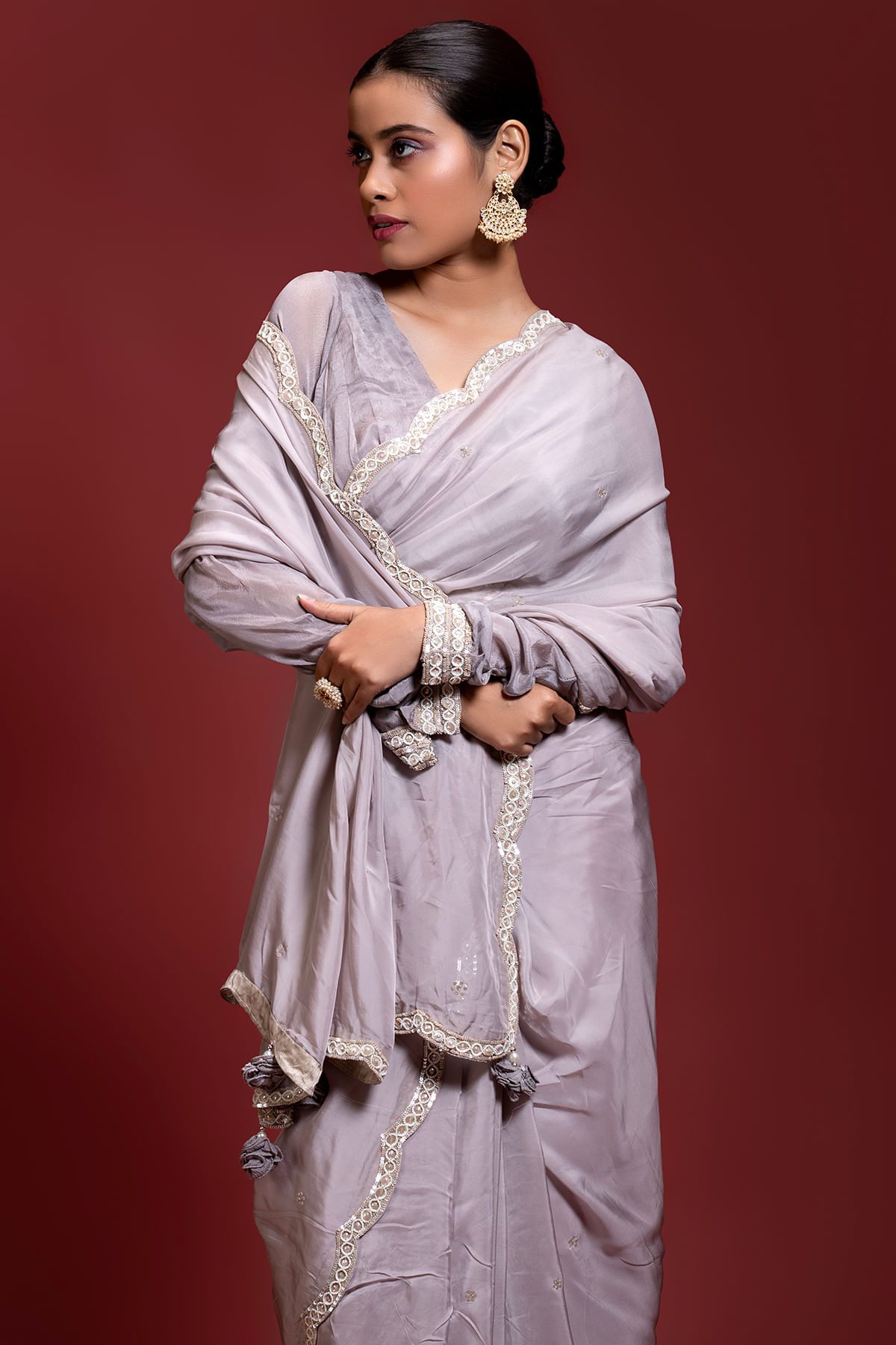 Indian Orchid Purple Pearl & Sequins Crepe Saree (2-Piece) - Image 2