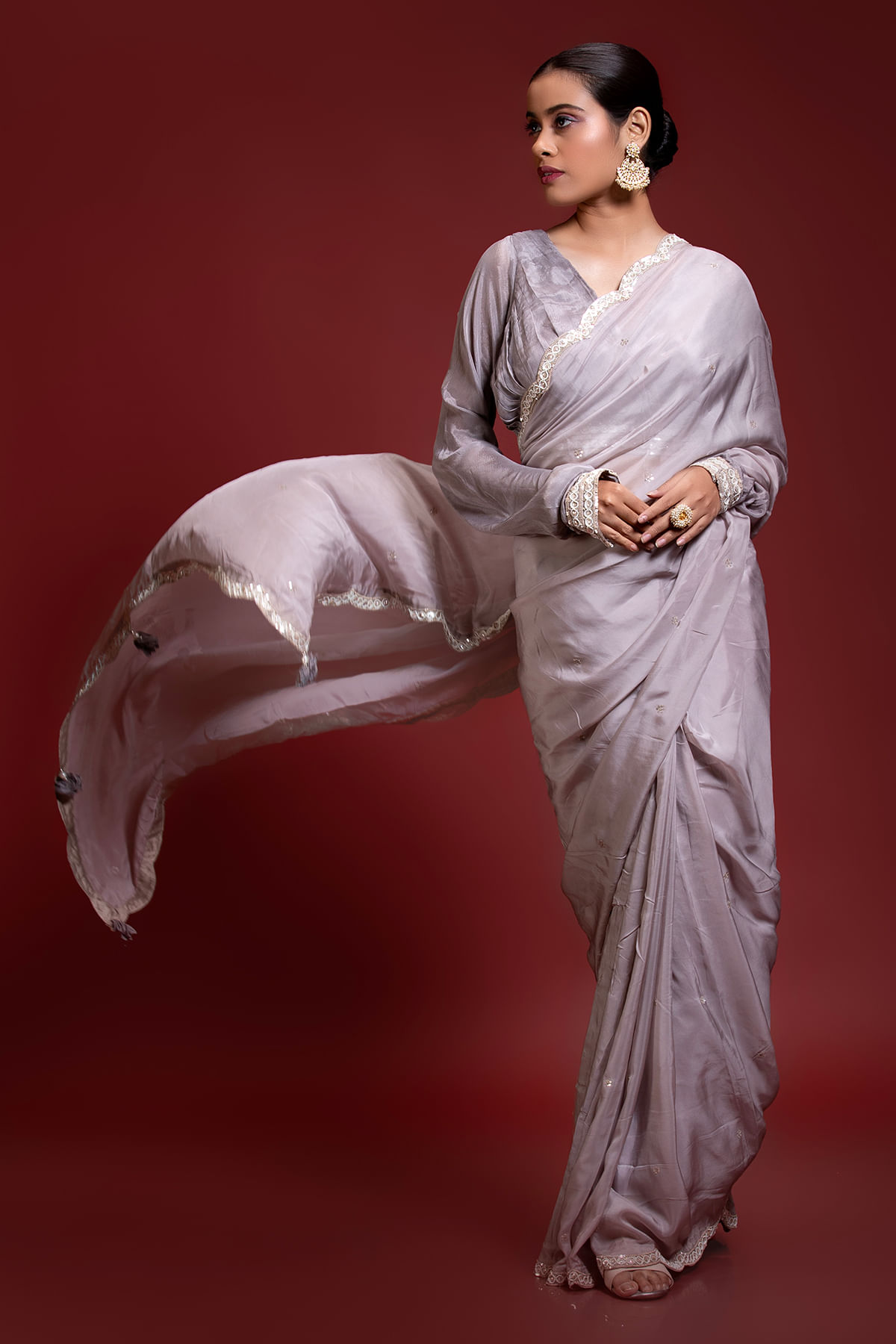 Indian Orchid Purple Pearl & Sequins Crepe Saree (2-Piece) - Image 4