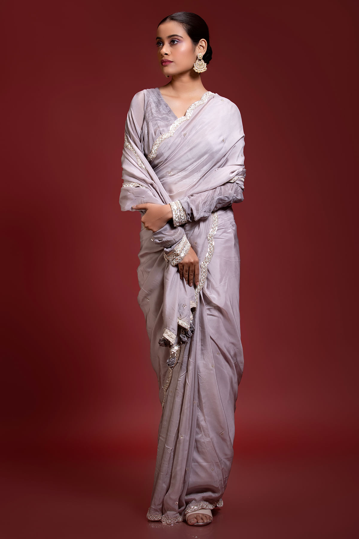 Indian Orchid Purple Pearl & Sequins Crepe Saree (2-Piece) - Image 5