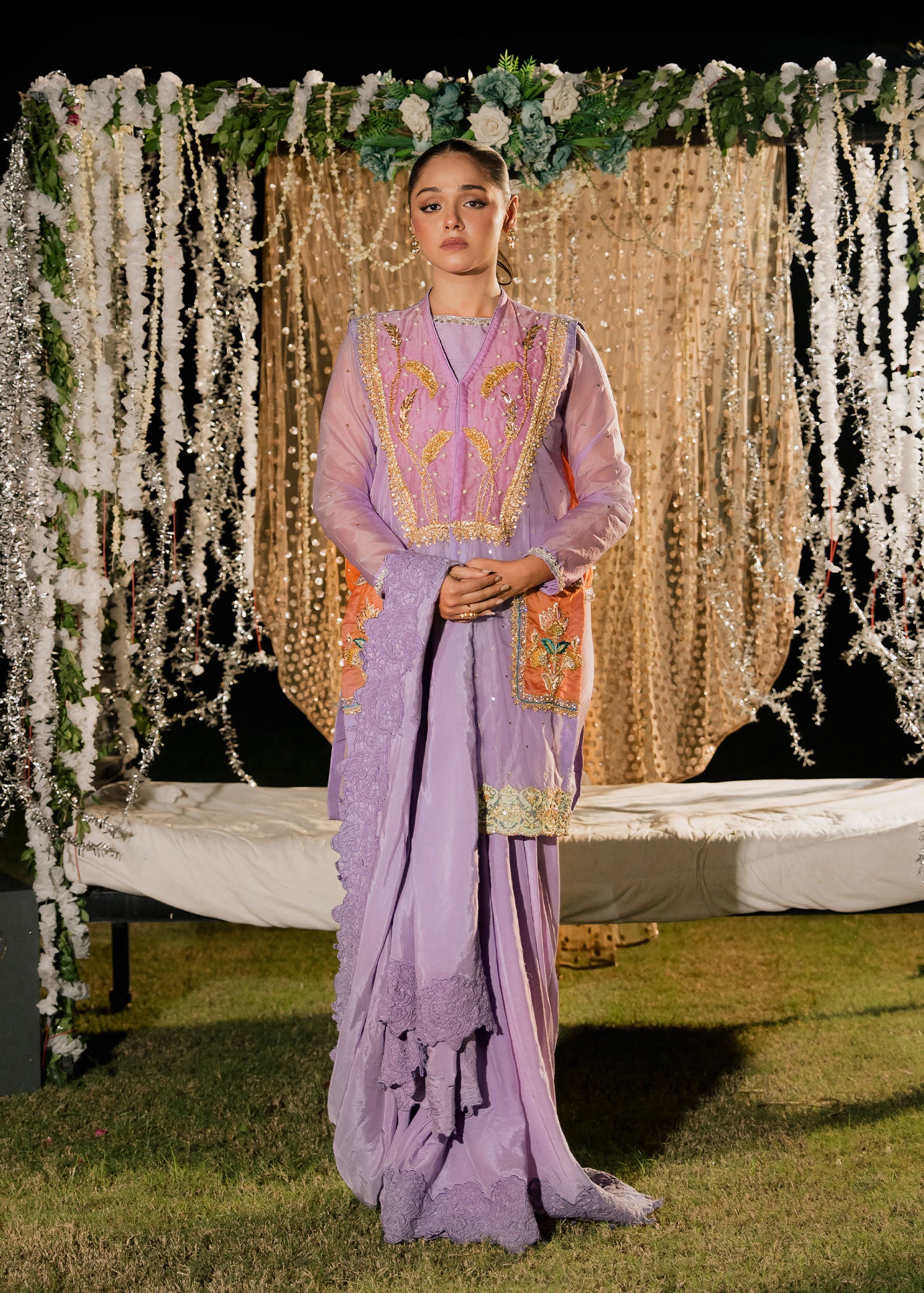 Lilac Embellished Korean Silk Saree (3-Piece) - Image 1