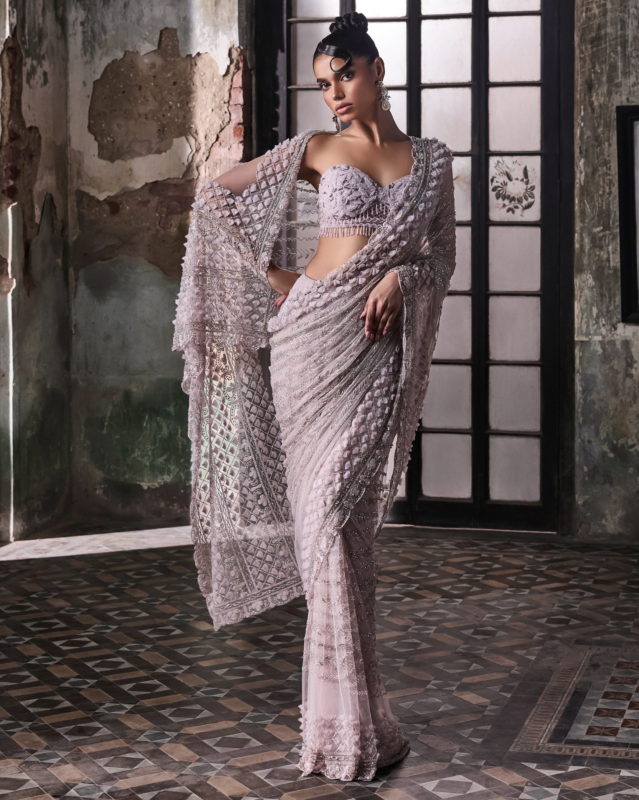 Indian Lavender 3D Petal Net Organza Saree (2-Piece) - Image 1