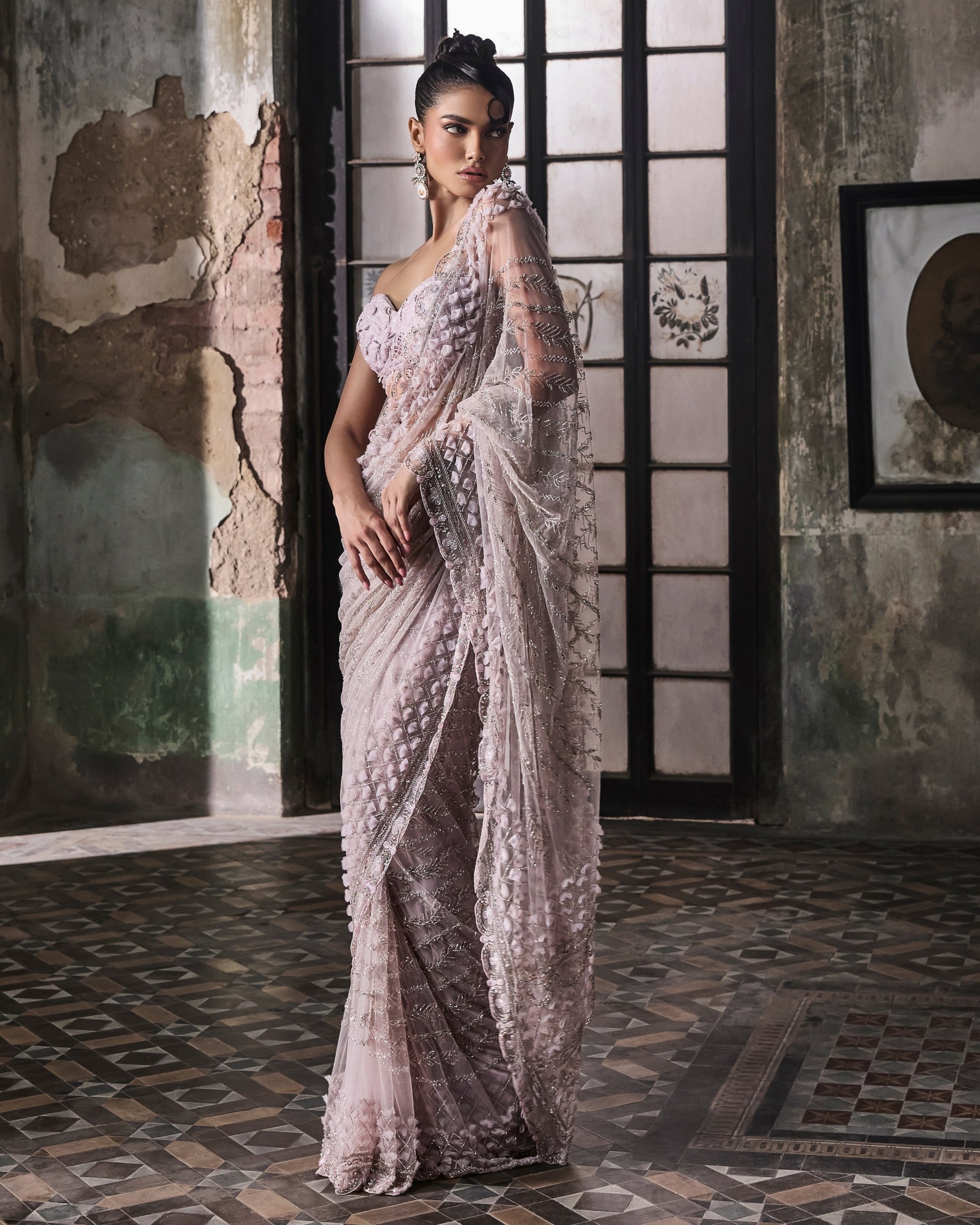 Indian Lavender 3D Petal Net Organza Saree (2-Piece) - Image 3