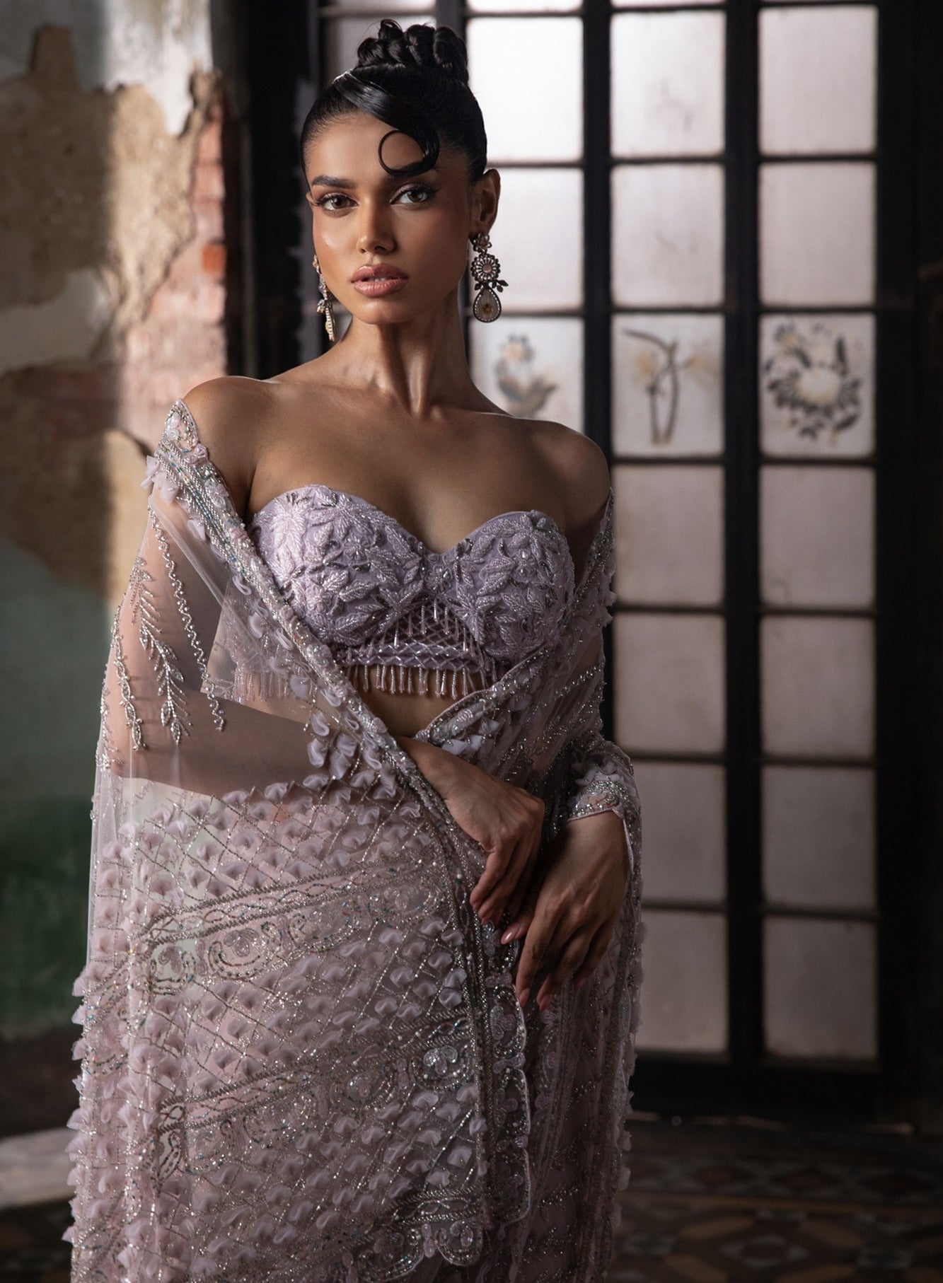 Indian Lavender 3D Petal Net Organza Saree (2-Piece) - Image 6