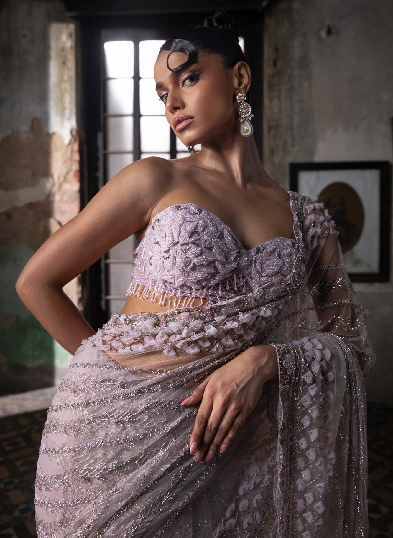 Indian Lavender 3D Petal Net Organza Saree (2-Piece) - Image 7