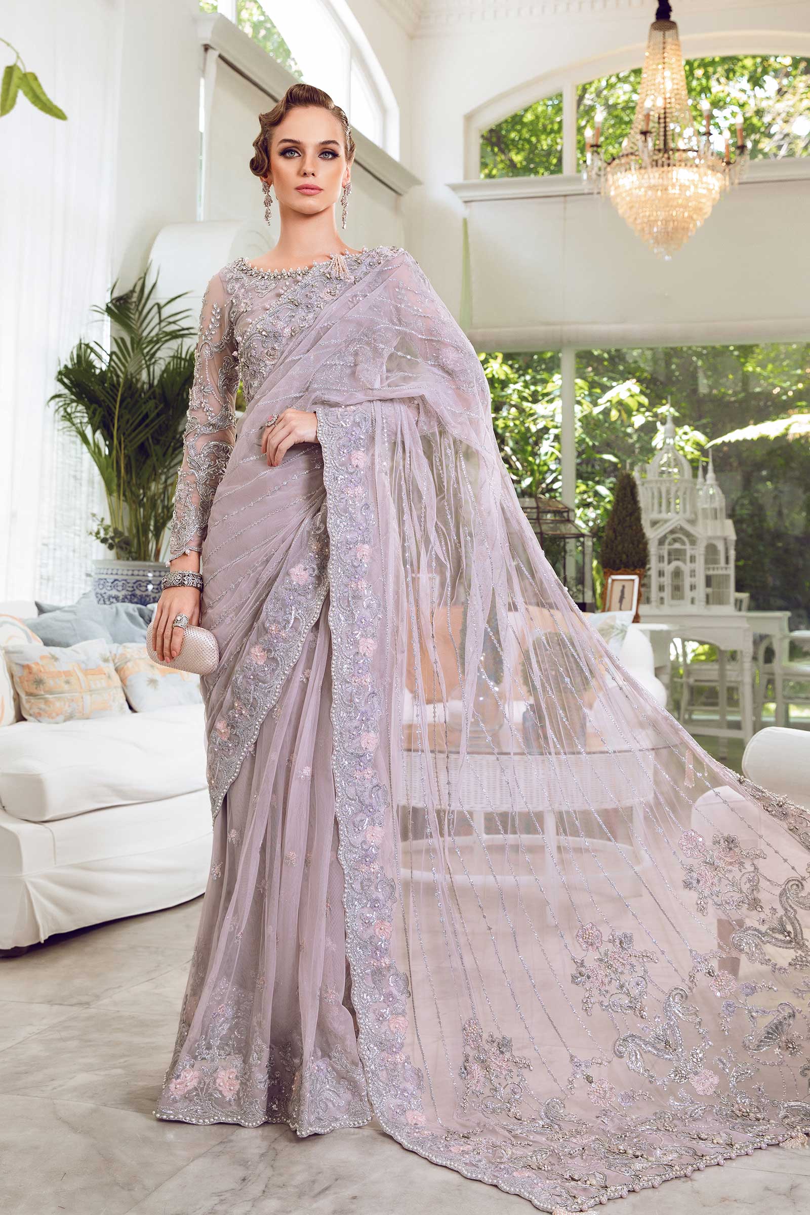 Lilac Embellished Net Saree (3-Piece) - Image 1