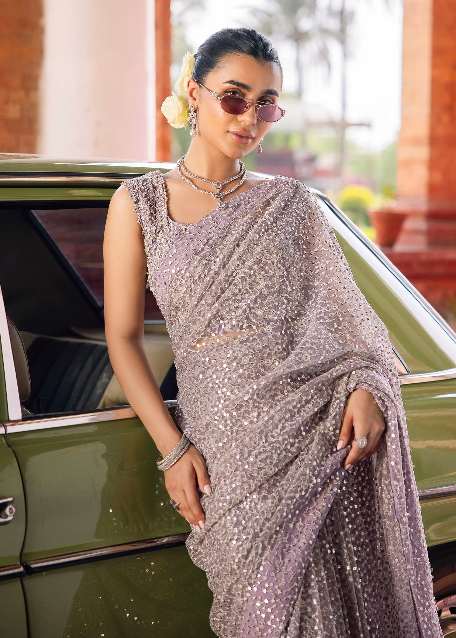 Indian Lilac Pearl Sequin Net Saree (3-Piece) - Image 2