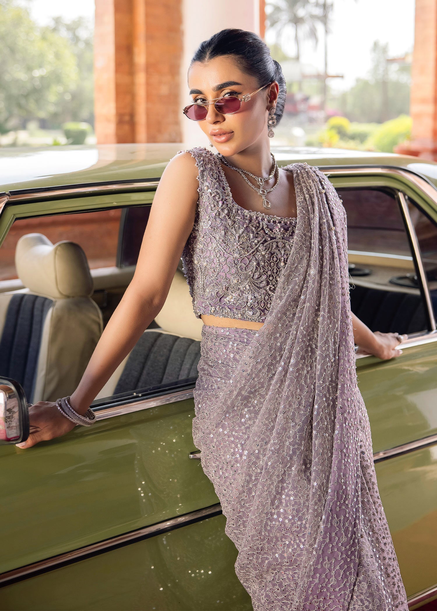 Indian Lilac Pearl Sequin Net Saree (3-Piece) - Image 4