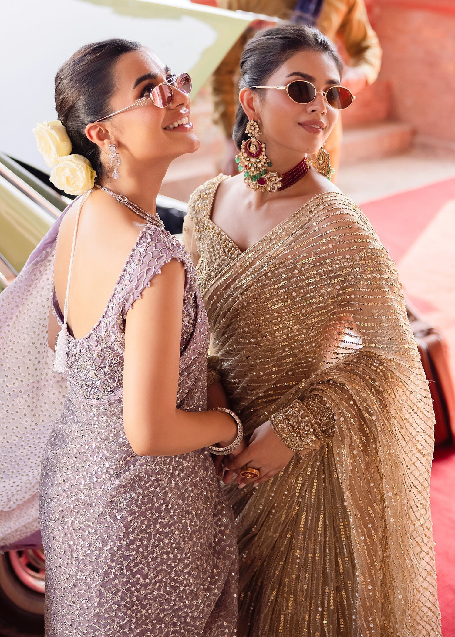 Indian Lilac Pearl Sequin Net Saree (3-Piece) - Image 7