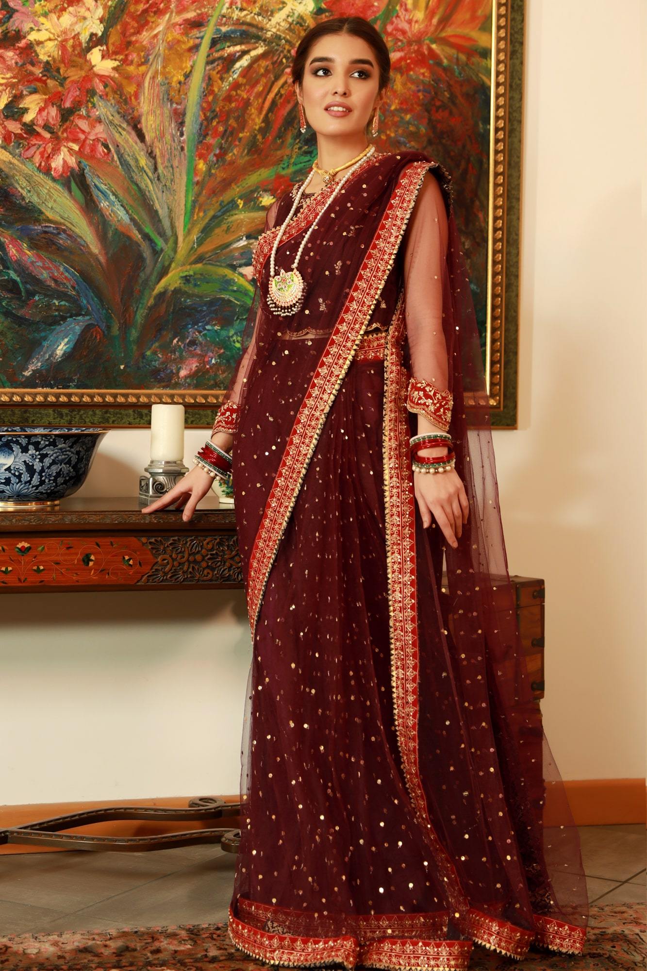 Pakistani Purple Embellished Net Saree with Raw Silk Blouse (3-Piece) - Image 3