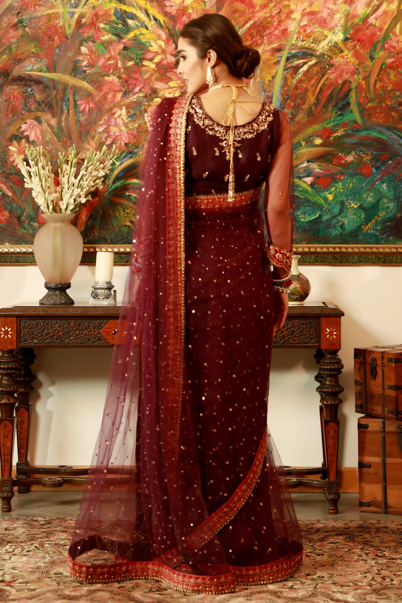 Pakistani Purple Embellished Net Saree with Raw Silk Blouse (3-Piece) - Image 4