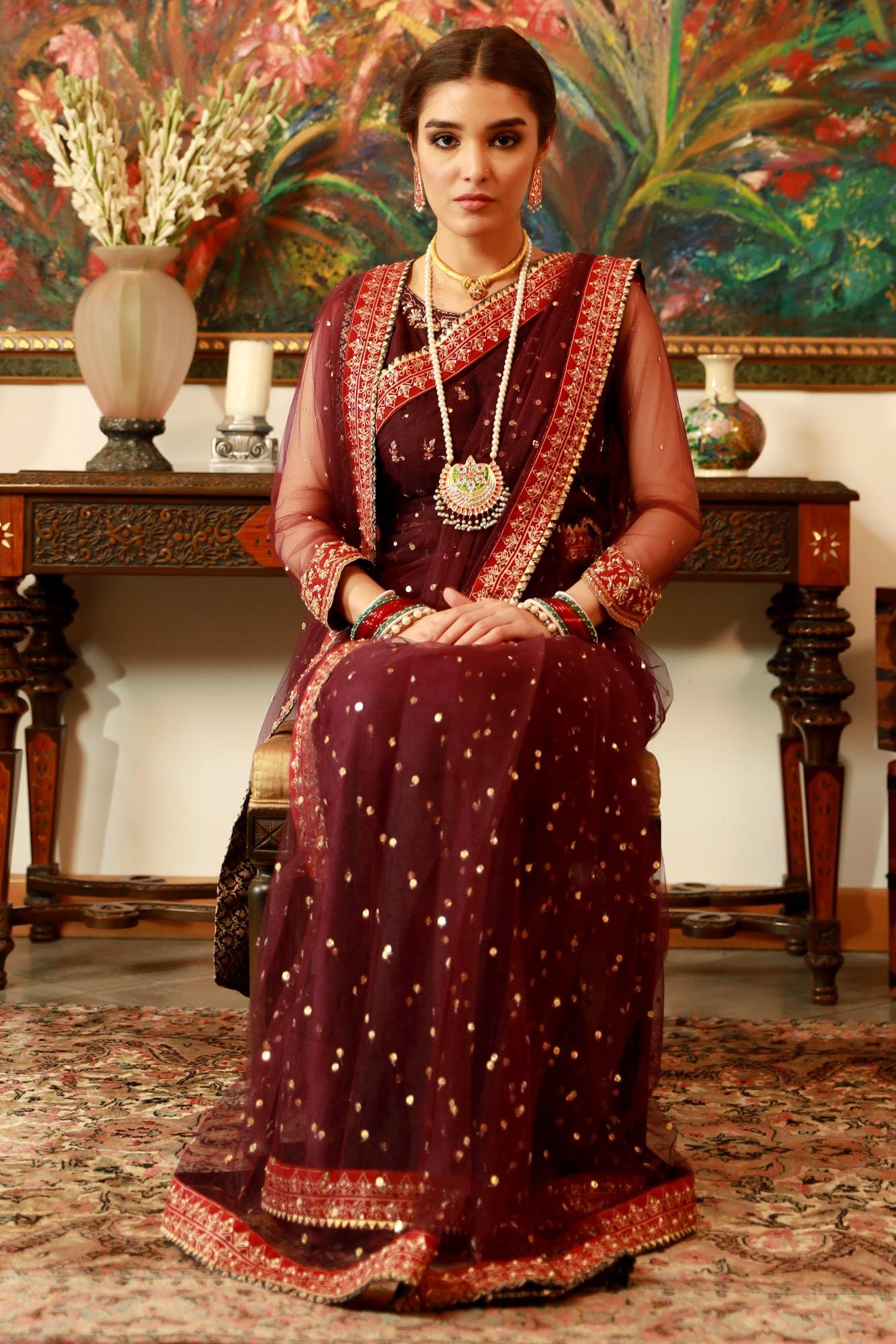 Pakistani Purple Embellished Net Saree with Raw Silk Blouse (3-Piece) - Image 5