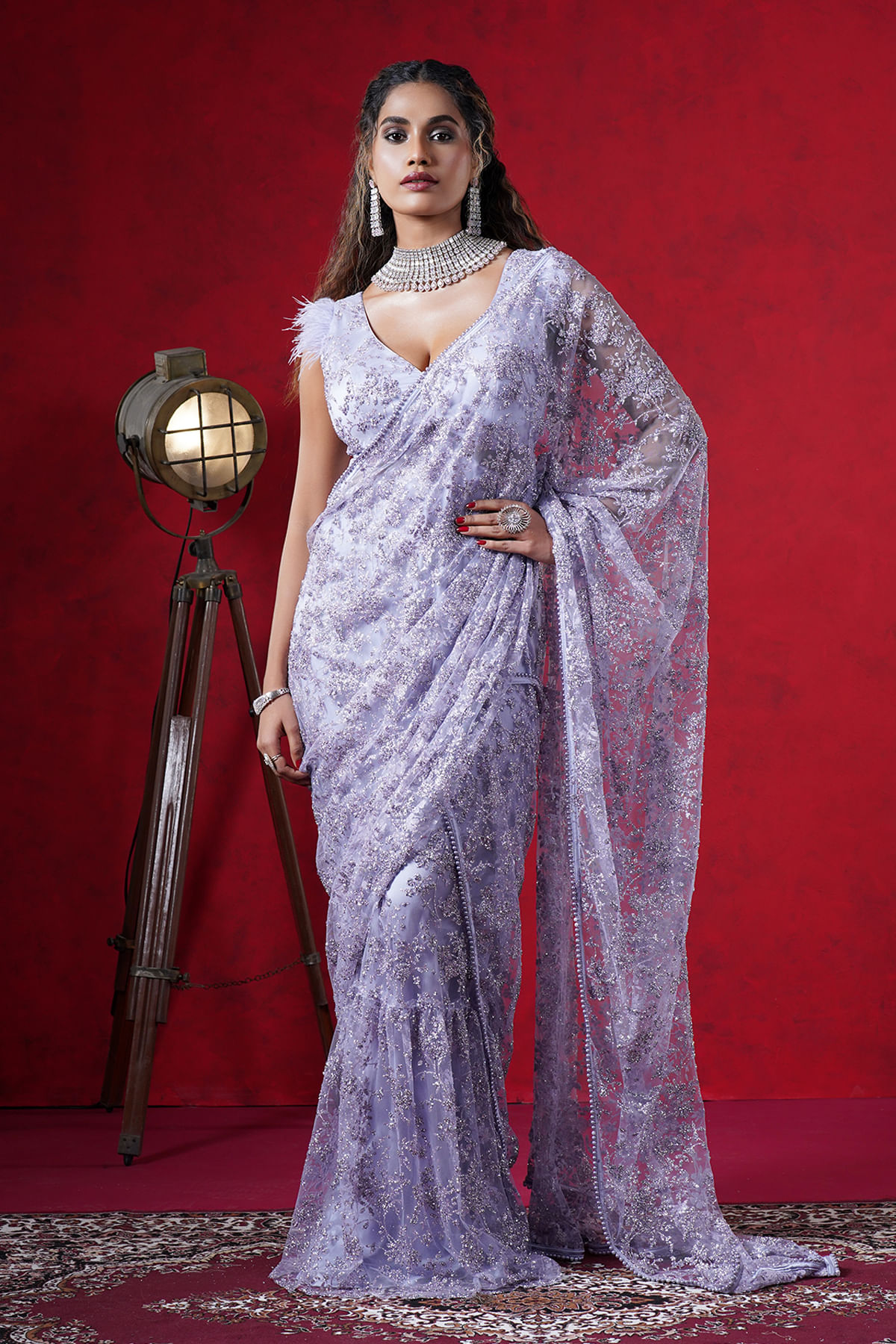 Indian Lavender Sequin Embroidered Net Saree (2-Piece) - Image 1