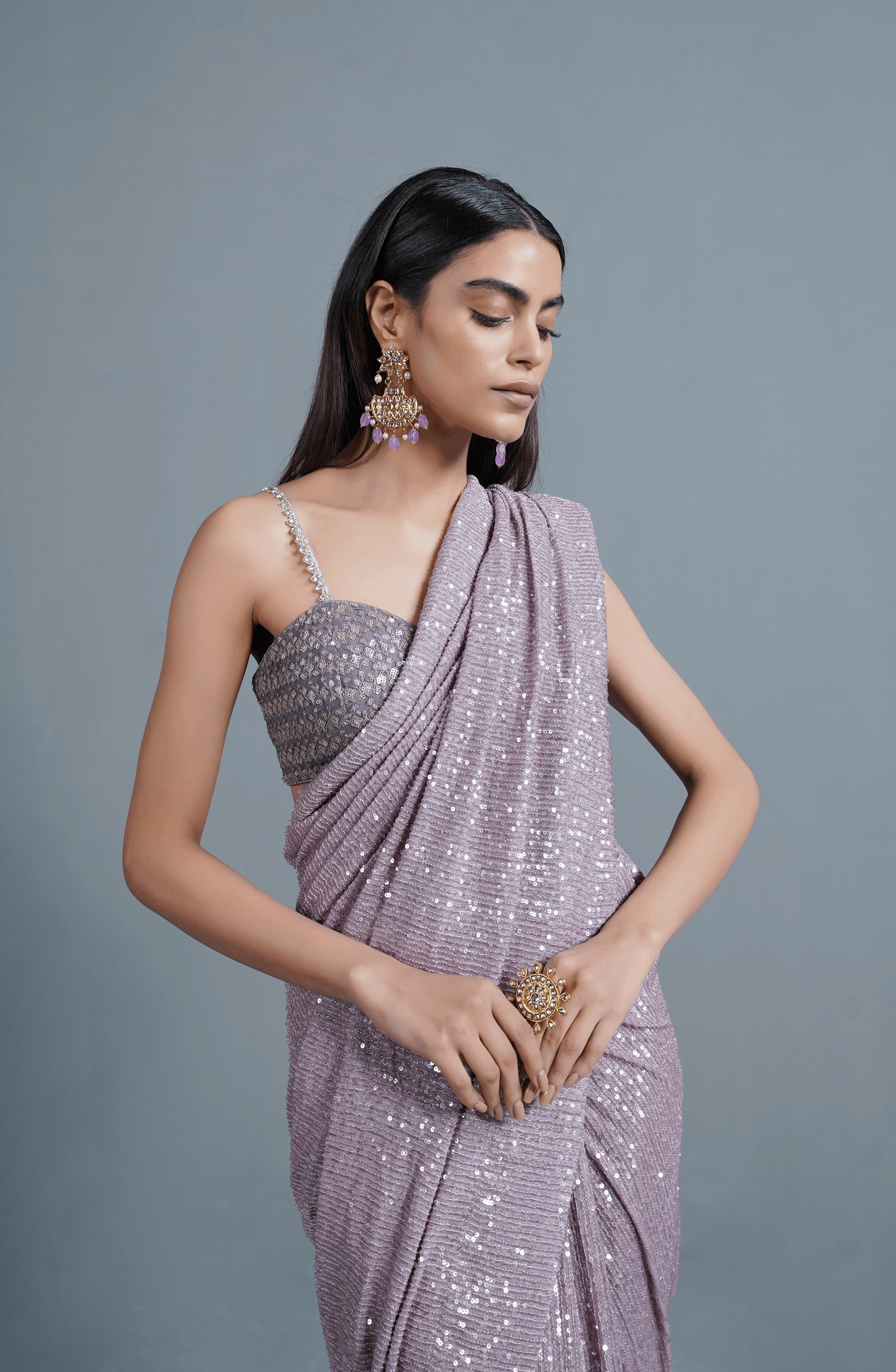 Faded Purple Sequinned Net Saree (3-Piece) - Image 1