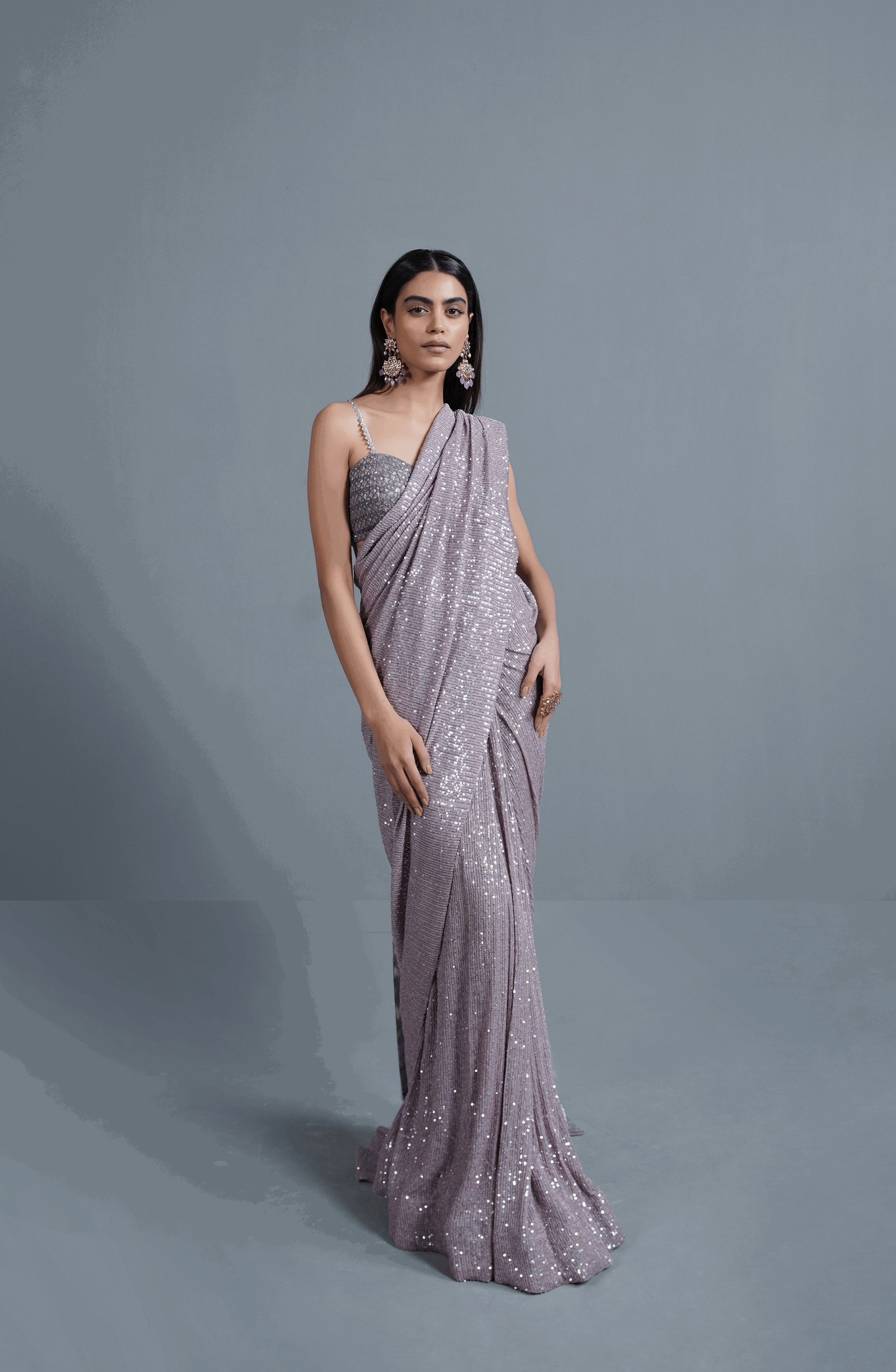 Faded Purple Sequinned Net Saree (3-Piece) - Image 2
