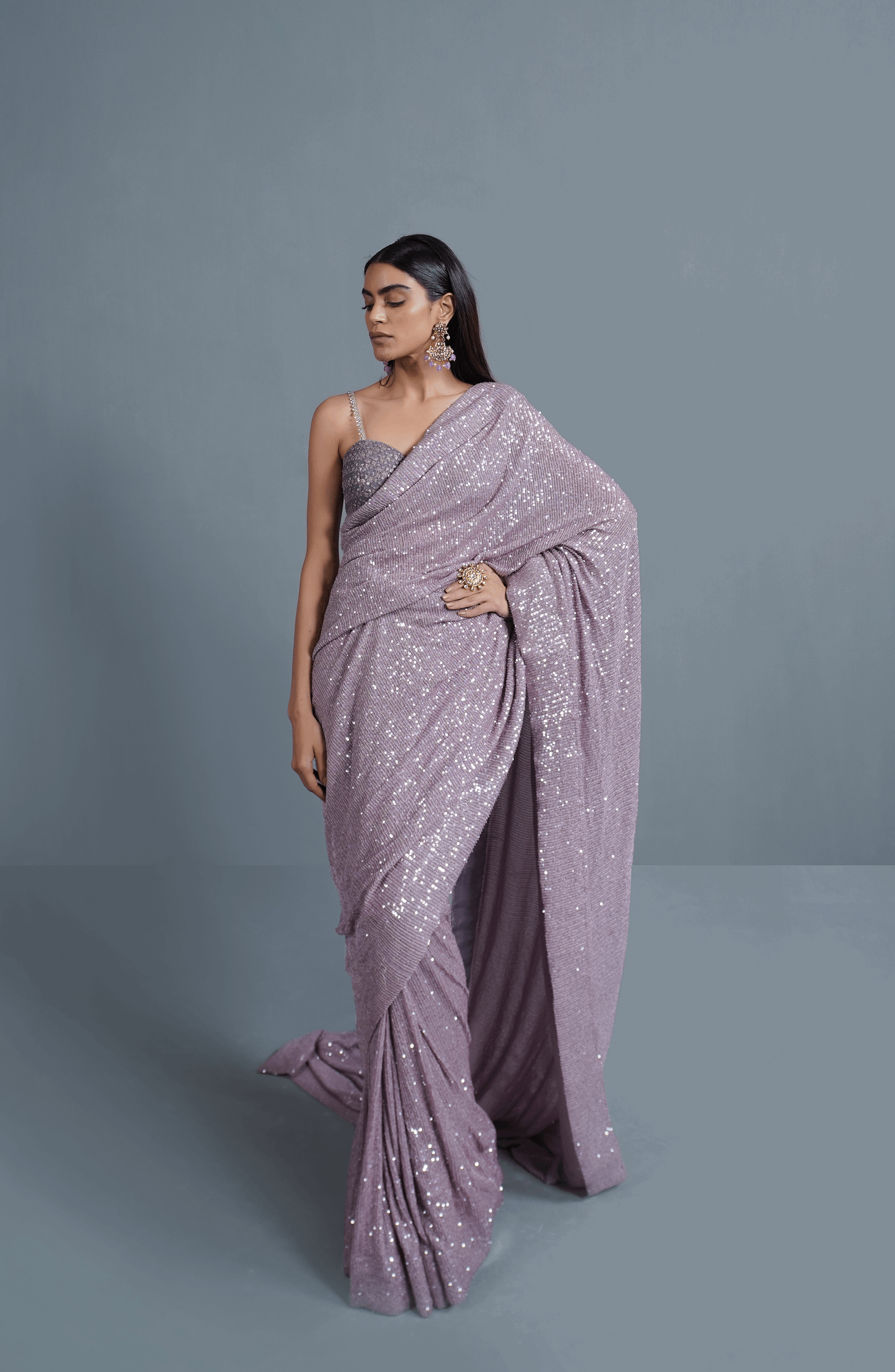 Faded Purple Sequinned Net Saree (3-Piece) - Image 3
