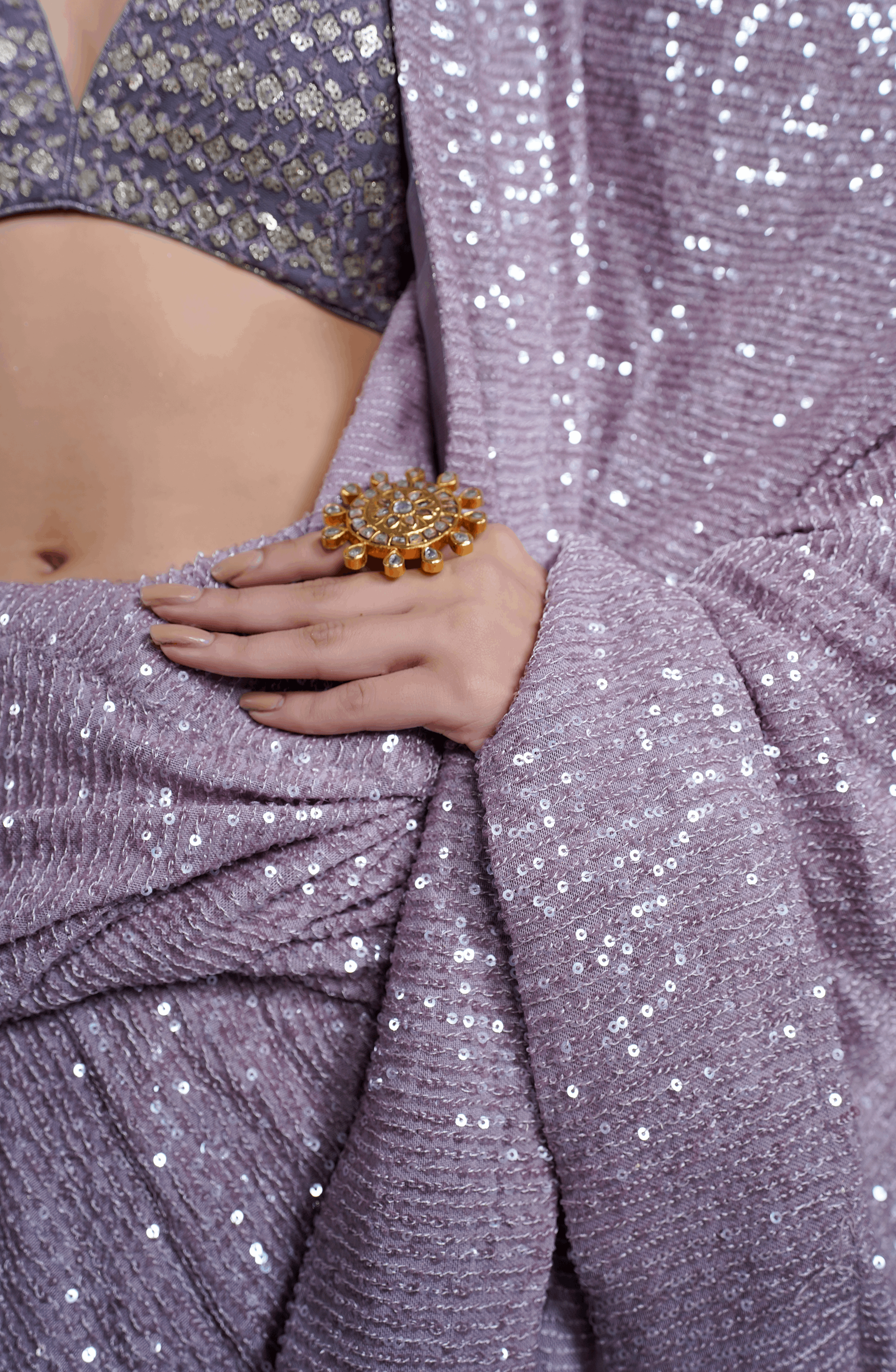 Faded Purple Sequinned Net Saree (3-Piece) - Image 5