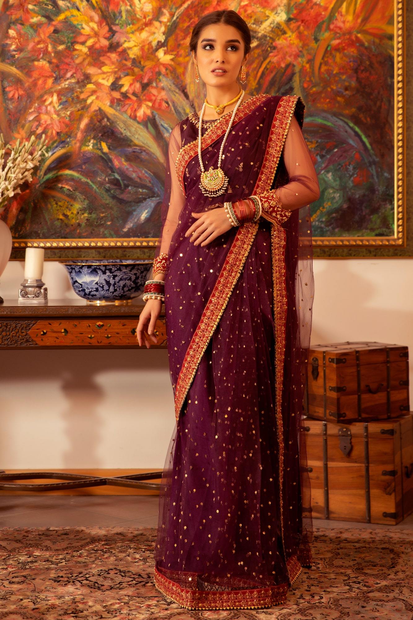 Purple Embellished Net Saree with Raw Silk Blouse (3-Piece) - Image 2