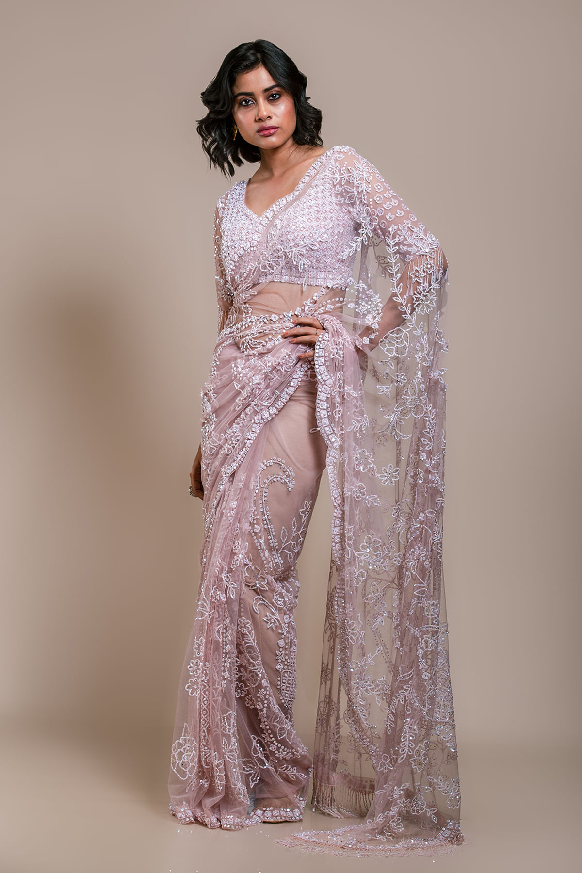 Indian Lilac Embroidered Net Saree (2-Piece) - Image 1