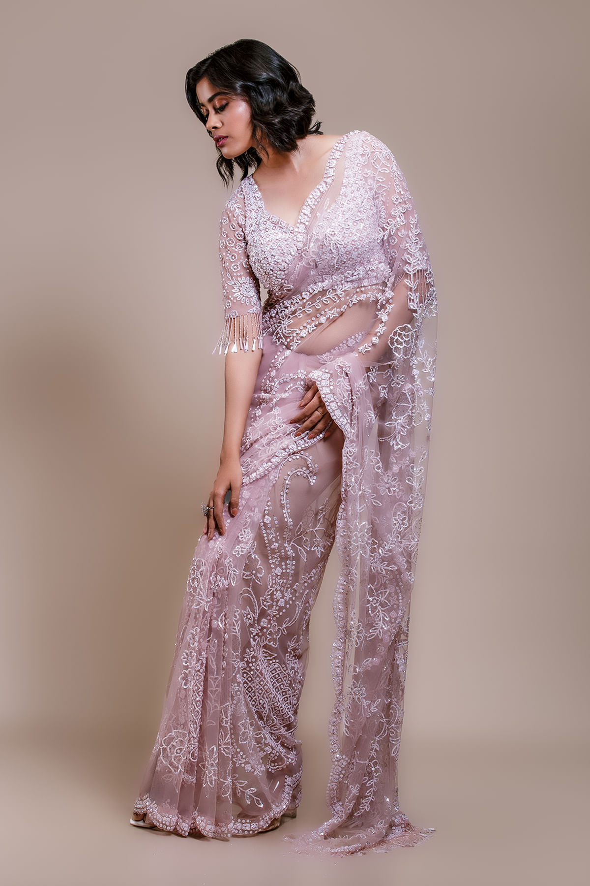 Indian Lilac Embroidered Net Saree (2-Piece) - Image 3