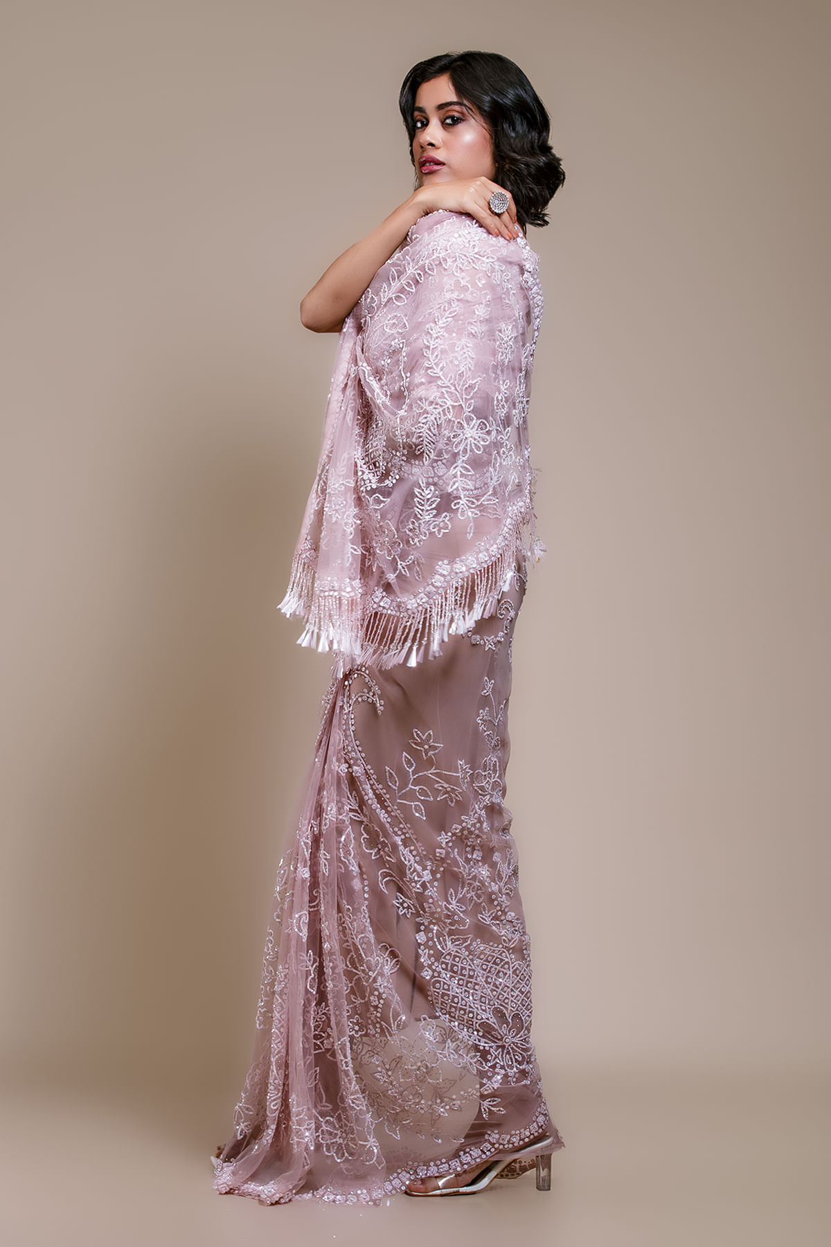 Indian Lilac Embroidered Net Saree (2-Piece) - Image 4