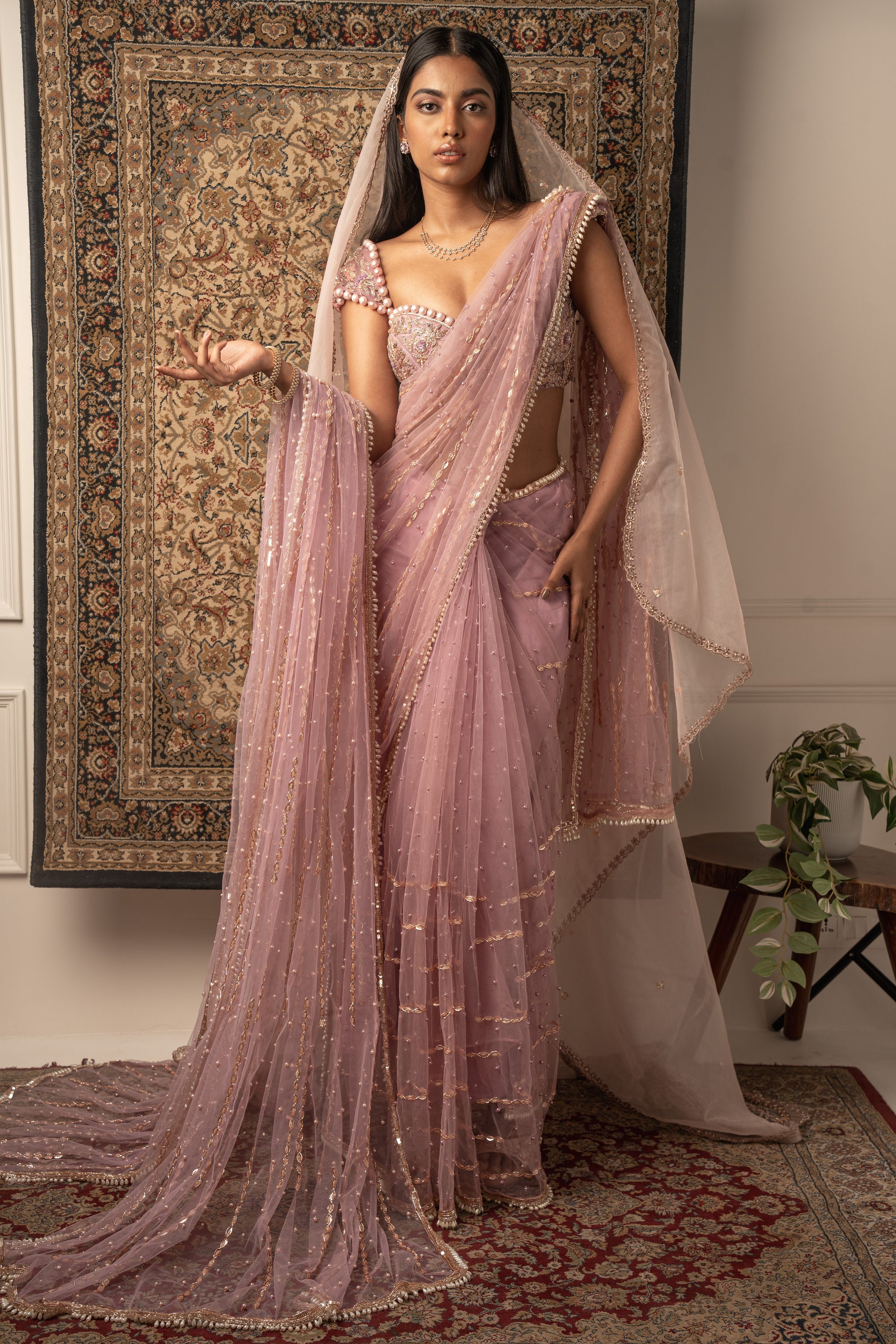 Lilac Hand-Embroidered Net Bridal Saree (2-Piece) - Image 2