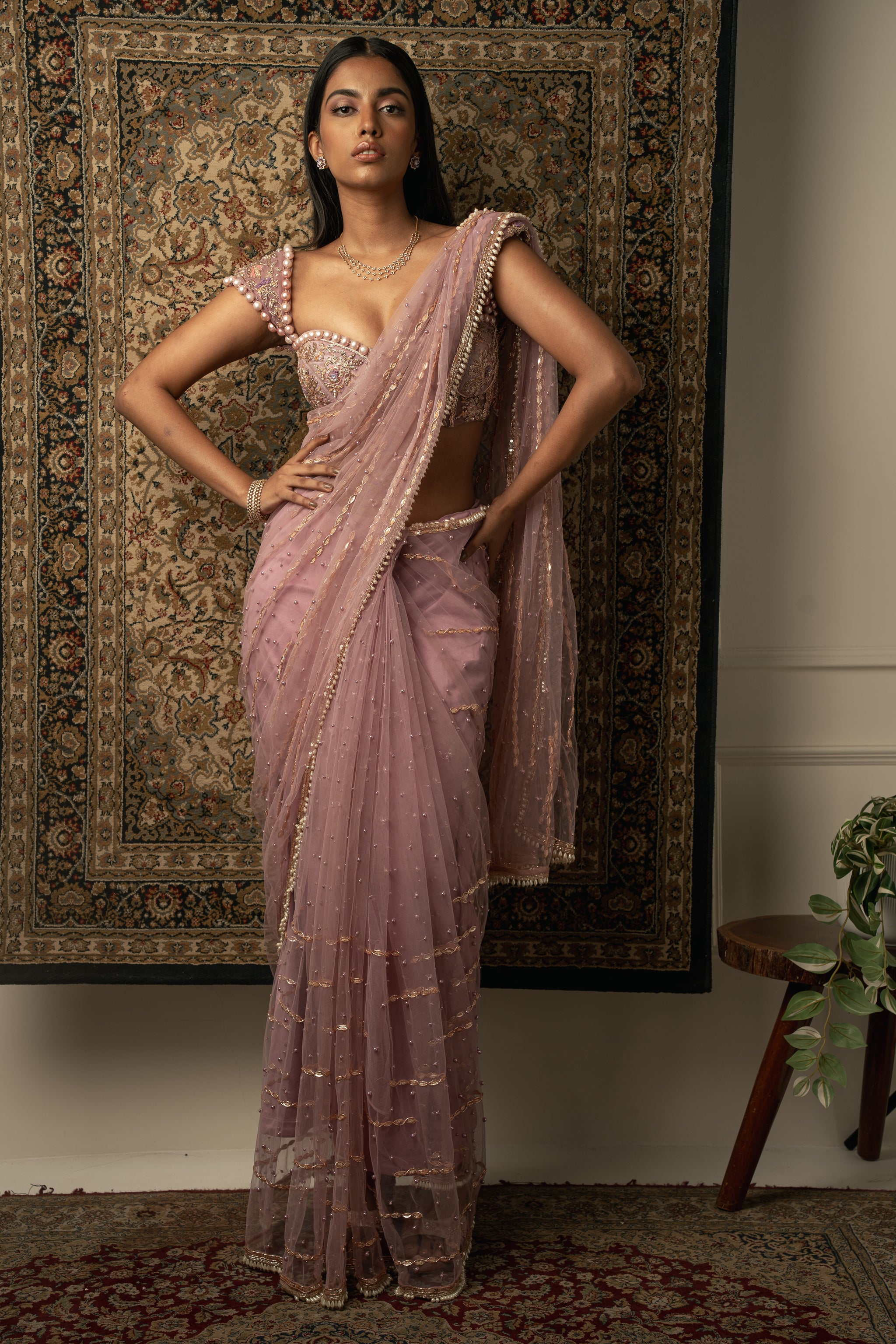 Lilac Hand-Embroidered Net Bridal Saree (2-Piece) - Image 3