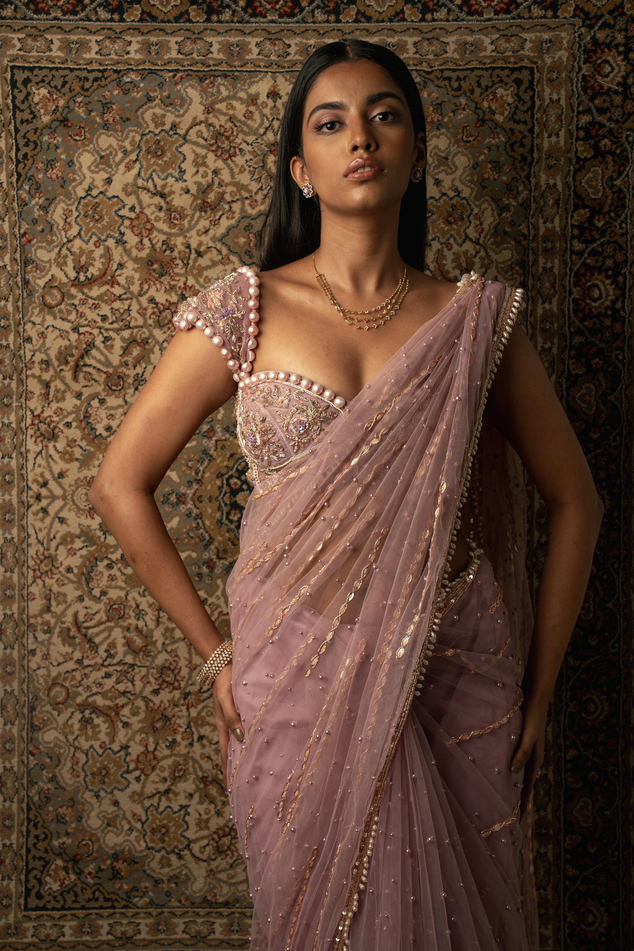Lilac Hand-Embroidered Net Bridal Saree (2-Piece) - Image 4