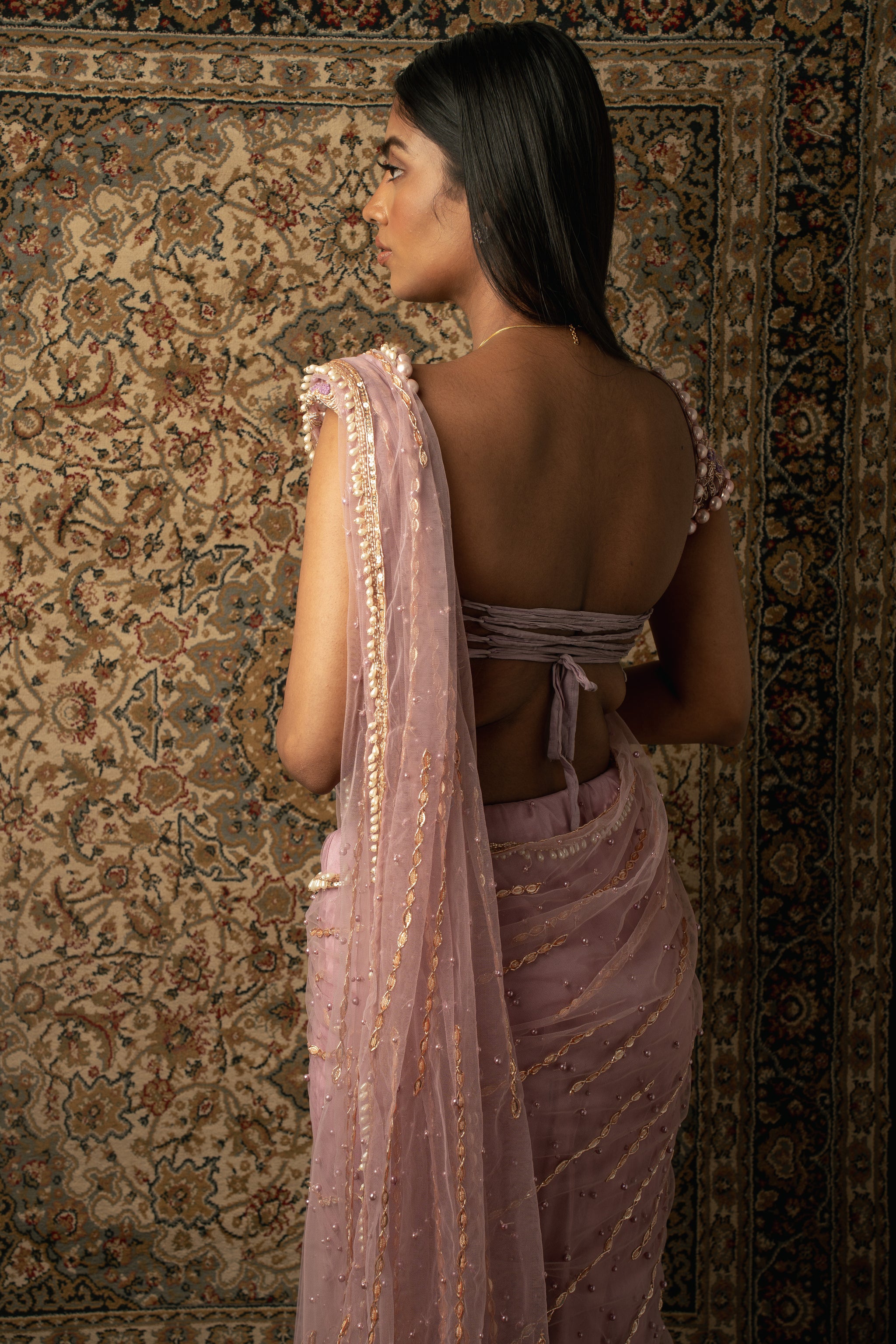 Lilac Hand-Embroidered Net Bridal Saree (2-Piece) - Image 5