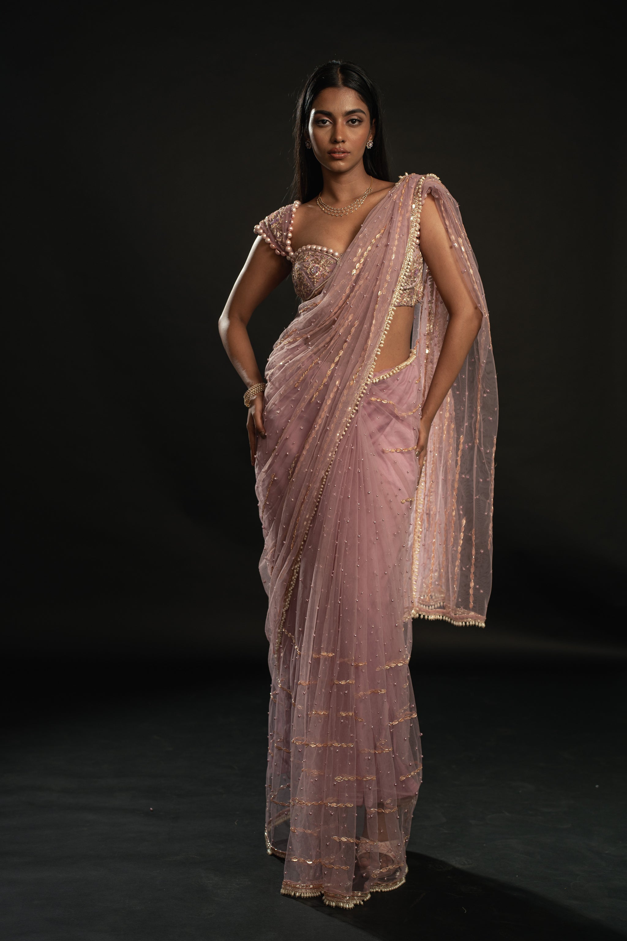 Lilac Hand-Embroidered Net Bridal Saree (2-Piece) - Image 6