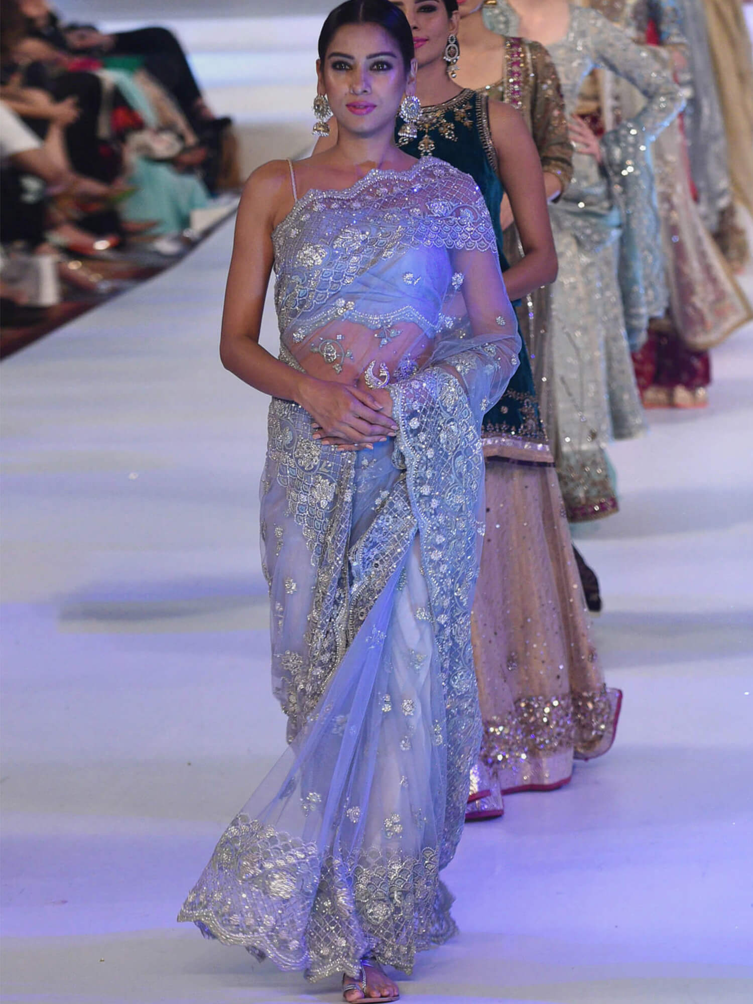 Indian Lavender Embroidered Net & Jamavar Bridal Saree (3-Piece) - Image 2